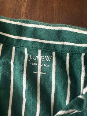 J. Crew Green and White Vertical Stripe Cotton Camp Collar Short Sleeve